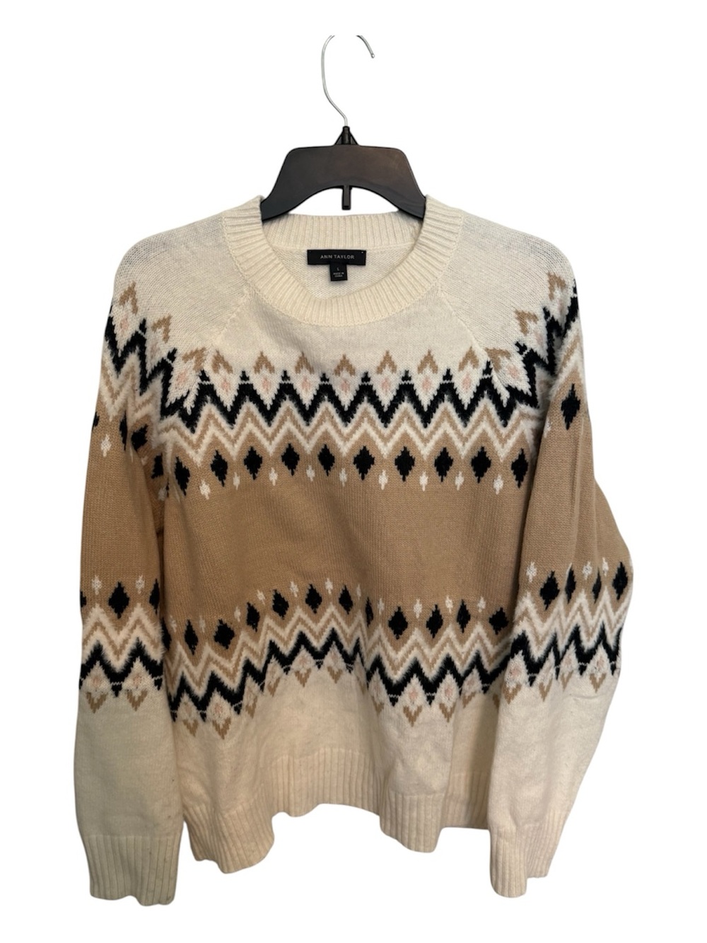 Ann Taylor Cream, Tan & Black Fair Isle Crewneck Sweater